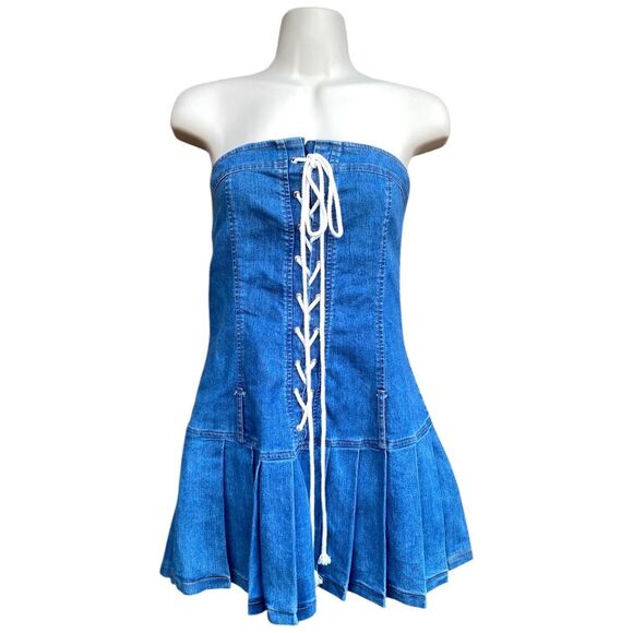 Y2K Denim Tube Dress M Pleated Skirt Lace-Up Front Drop Waist Skater 2000s USA - Picture 2 of 16